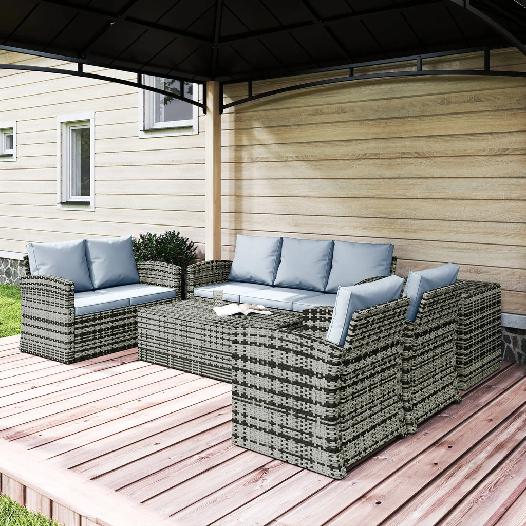 Outsunny 6-Piece Rattan Garden Set, 7-Seater Wicker Outdoor Furniture Set with Storage Tea Table & Side Table