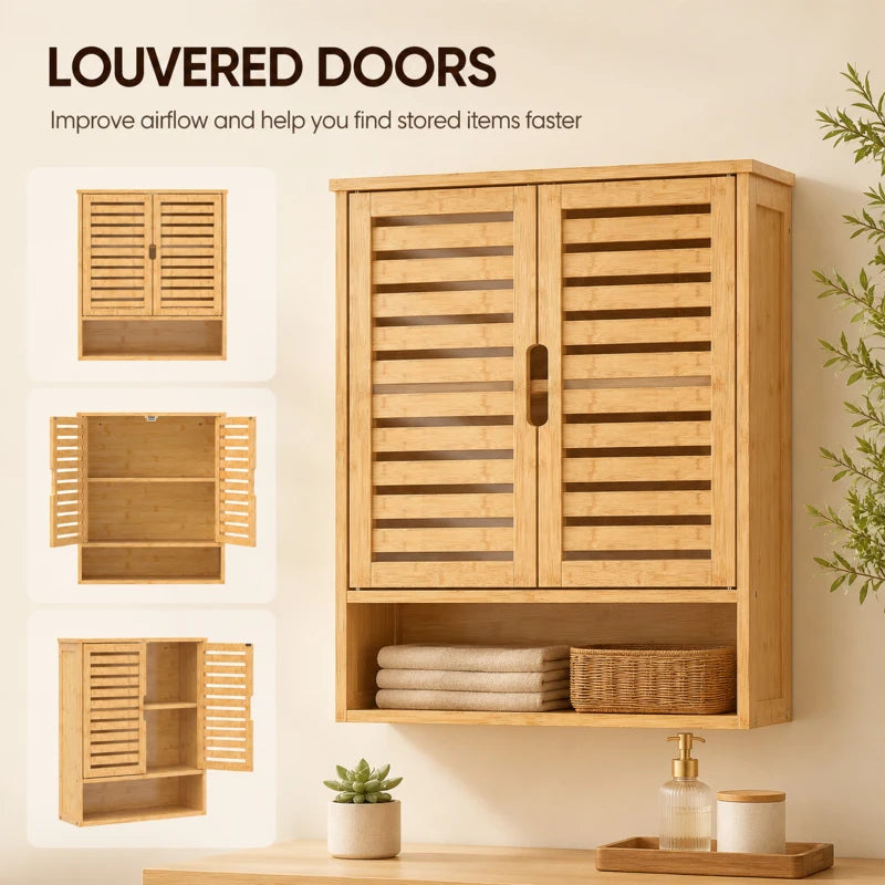 Oak bathroom wall cabinet with louvered double doors and open lower storage