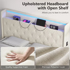 Cream upholstered headboard with open shelf, LED light bar, and charging ports