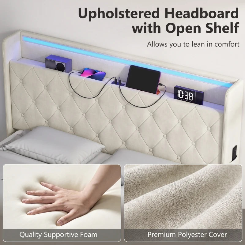 Cream upholstered headboard with open shelf, LED light bar, and charging ports