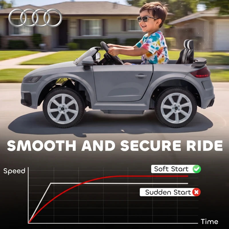 Grey Audi TT RS style ride-on electric car with child driving, steering wheel visible
