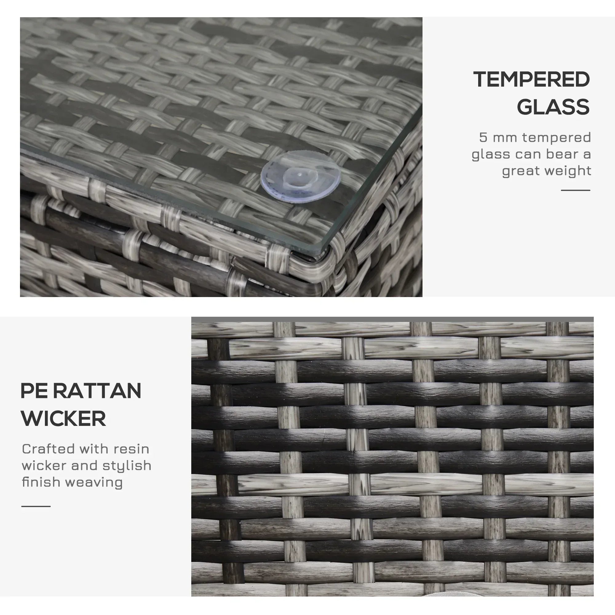 PE Rattan Garden Coffee Table, with Glass Table Top - Grey - Bobobiy