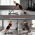 Roman chair hyperextension bench with red-cushioned back and foam foot rollers