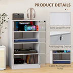 Open white hi-fi stand with tiered shelves for record player, receiver, and accessories
