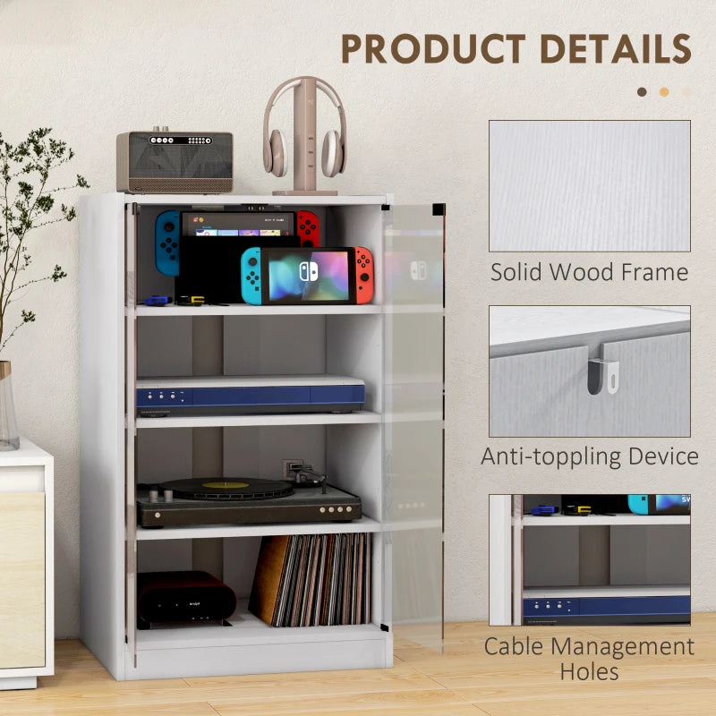 Open white hi-fi stand with tiered shelves for record player, receiver, and accessories
