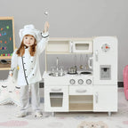 Kids wooden pretend play kitchen with stove, sink, wall phone, and large clock