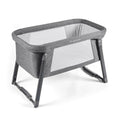 Space Grey mini crib with raised side panel and gray padded fabric canopy.