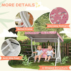 Kids pink porch swing bench with metal frame, anti-slip feet, unicorn-pattern canopy