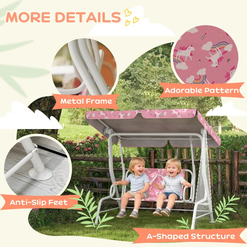 Kids pink porch swing bench with metal frame, anti-slip feet, unicorn-pattern canopy