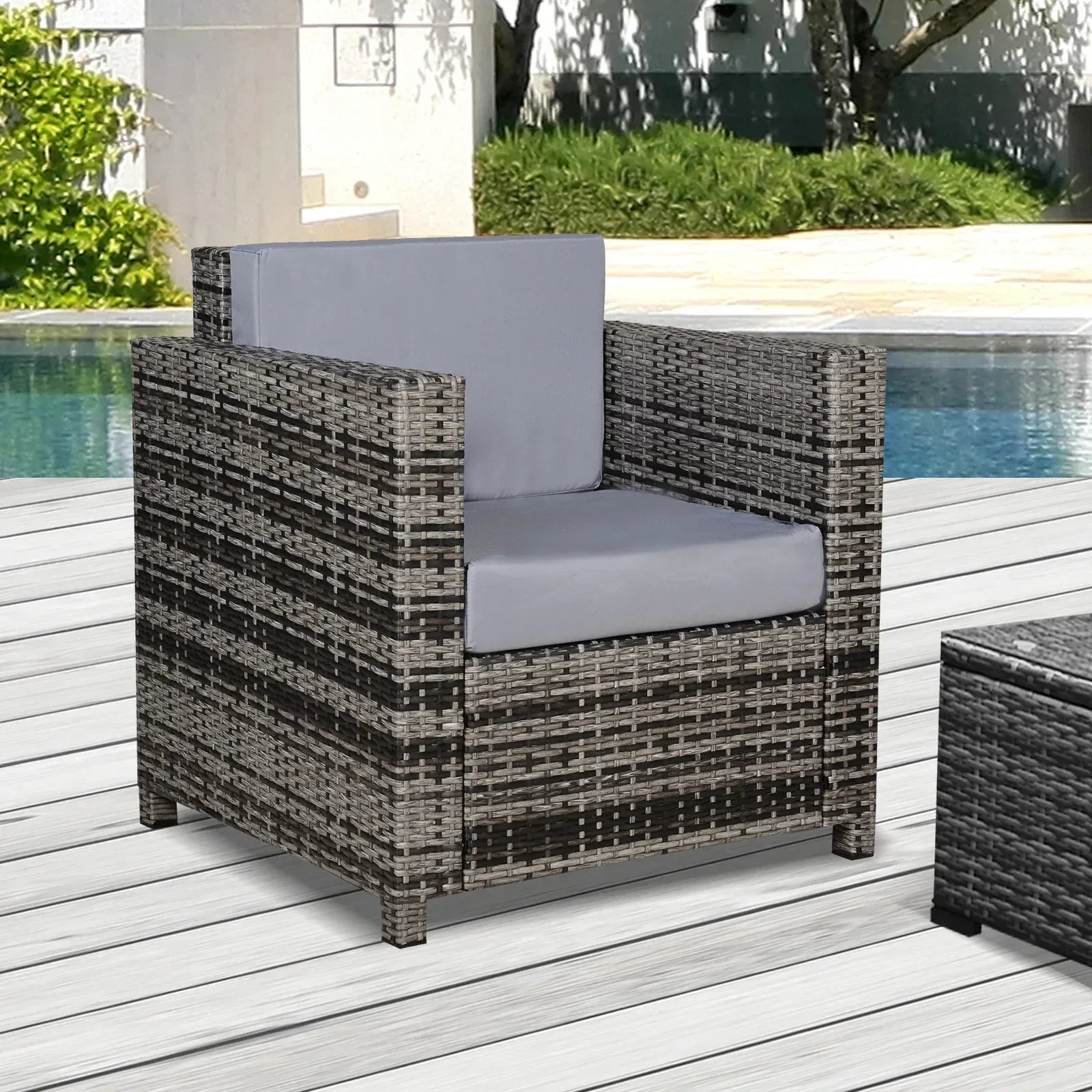 Rattan Garden Armchair 10cm Cushion Outdoor Single Chair with Steel Frame, Grey - Bobobiy