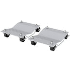 Two-piece grey metal car wheel dolly with swivel casters and non-slip plates.