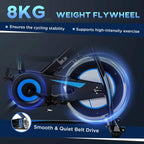 Black cycling bike flywheel area with blue belt drive glow accents, 8kg flywheel