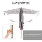 Light grey wooden parasol with center pole and folded cover, rope pulley operation