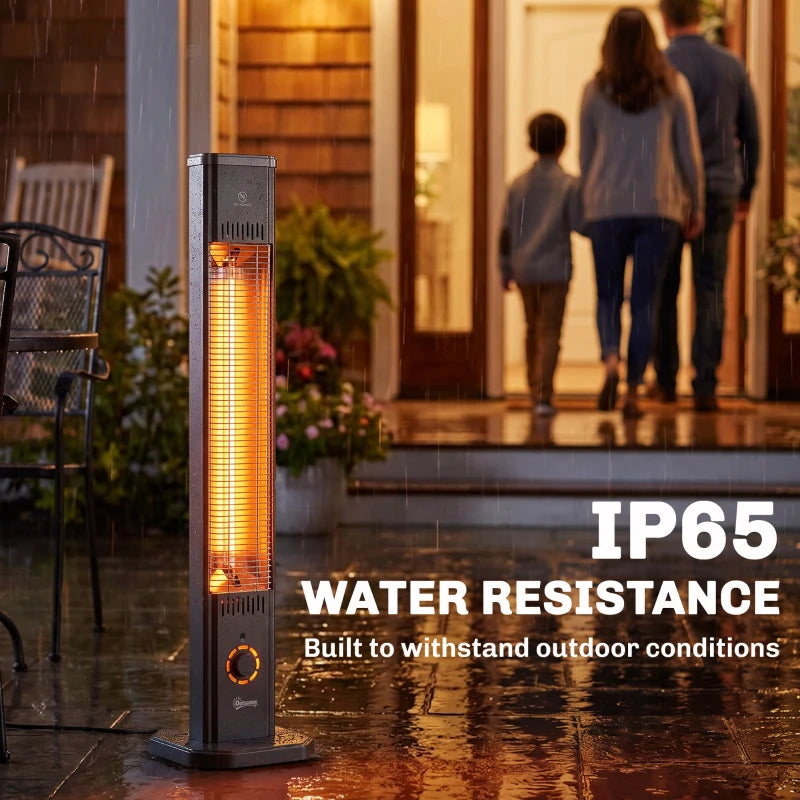 Black freestanding patio infrared heater standing on wet patio floor
