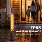 Black freestanding patio infrared heater standing on wet patio floor