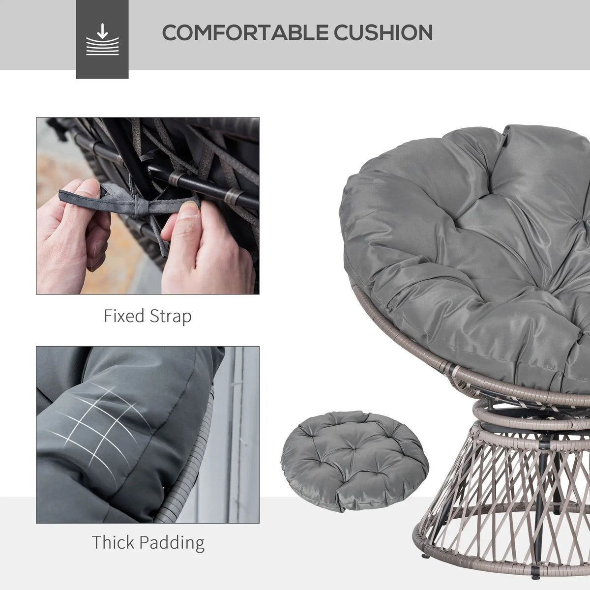 Outsunny 360° Swivel Rattan Papasan Moon Bowl Chair Round Lounge Garden Wicker Basket Seat with Padded Cushion Oversized