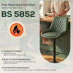 Green upholstered bar stool with diamond-tufted back and adjustable black base in kitchen