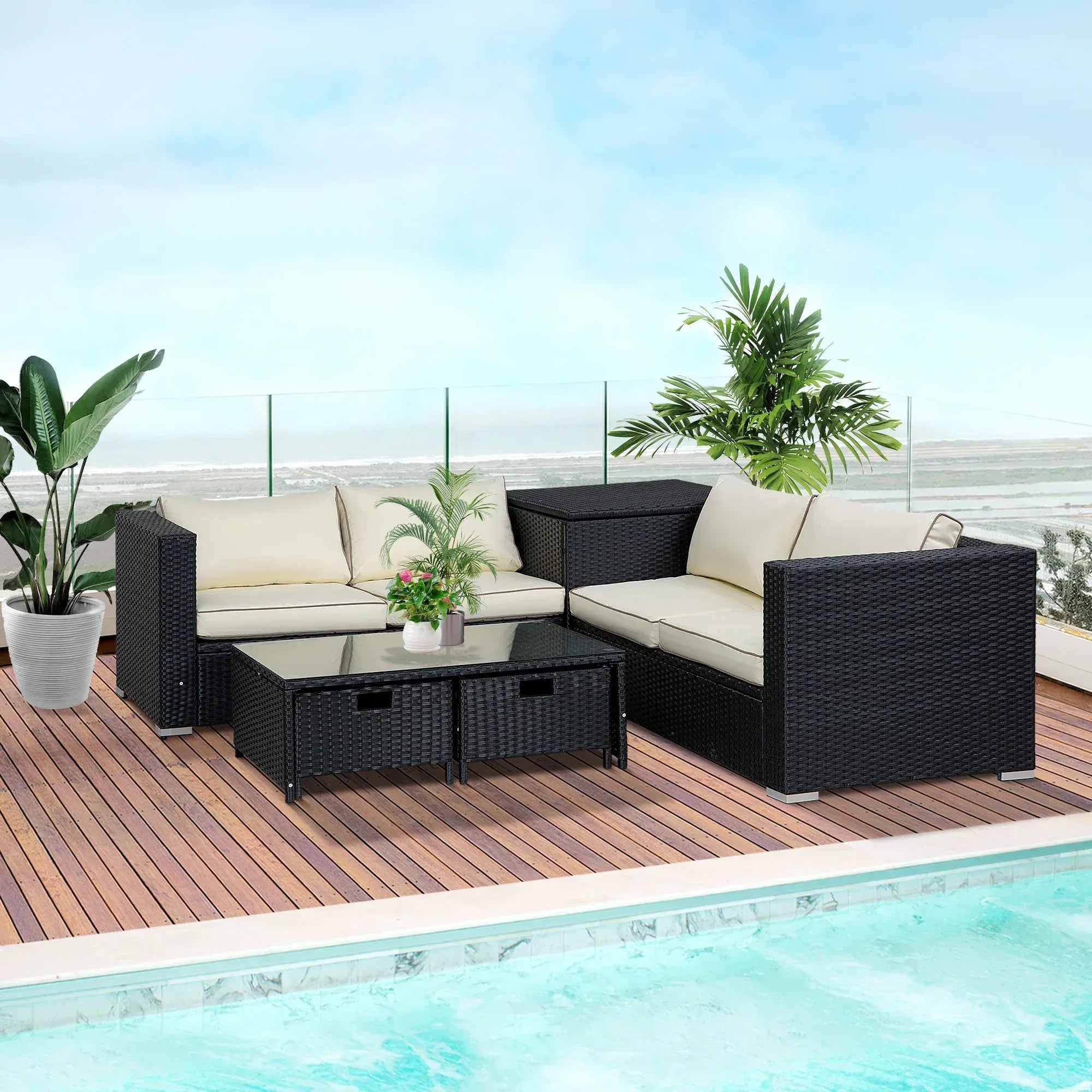 4 Pieces Rattan Garden Furniture Set, 4 Seater Corner Sofa Set with Storage Box, 2 Drawers Coffee Table, Loveseats with Cushions, Wicker Garden Conservatory Furniture for Balcony, Black - Bobobiy