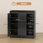 Black shoe storage cabinet with open doors and adjustable shelves, front dimensions view