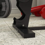 Black wide base foot of five-tier dumbbell rack with cradle slot.
