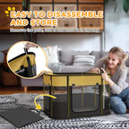 Yellow foldable dog playpen with removable frame and storage bag