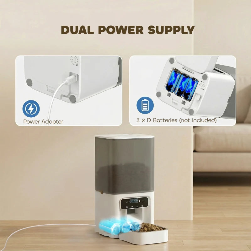 White cat feeder showing dual power supply with adapter and battery compartment