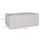 Grey rectangular patio furniture cover, side view with 210x140x80cm dimensions