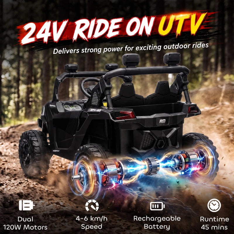 Black 24V two-seater ride-on UTV with glowing wheel motors, side view on trail