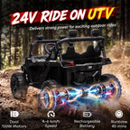 Black 24V two-seater ride-on UTV with glowing wheel motors, side view on trail