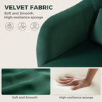 Dark green velvet tub chair armrest and backrest with smooth fabric texture