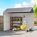 Grey metal garden shed with open double doors and storage for tools.
