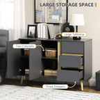 Dark grey sideboard with double doors, pull-out drawers, and storage compartments