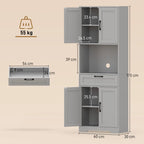 Grey tall kitchen pantry cabinet with open shelf, drawer, and adjustable shelving doors