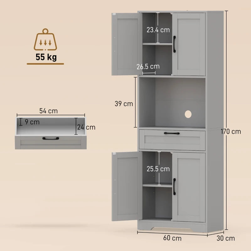Grey tall kitchen pantry cabinet with open shelf, drawer, and adjustable shelving doors