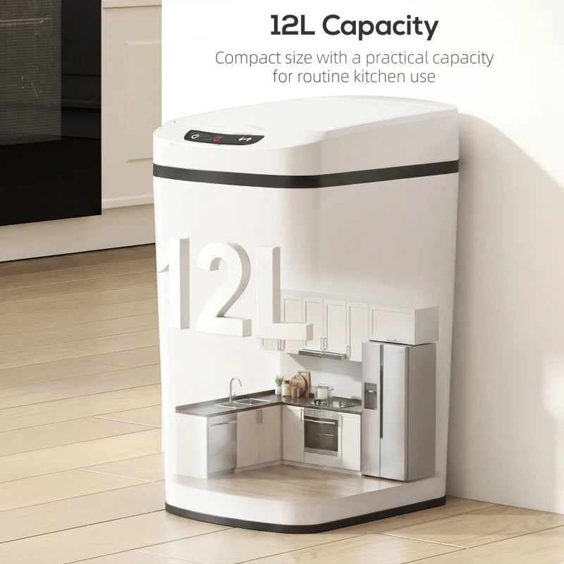 White 12L capacity motion sensor trash bin with black top band