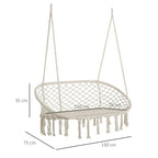 Cream oval hanging hammock chair with fringe tassels and woven net seat (130 cm wide)