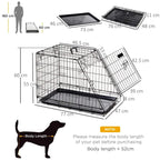 Collapsible dog crate diagram with dimensions and open door, black metal wire