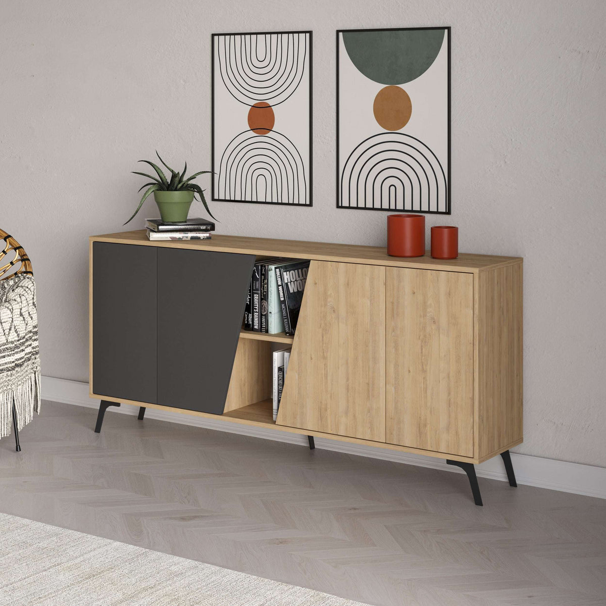 Oak and charcoal console sideboard with open shelving behind the left door