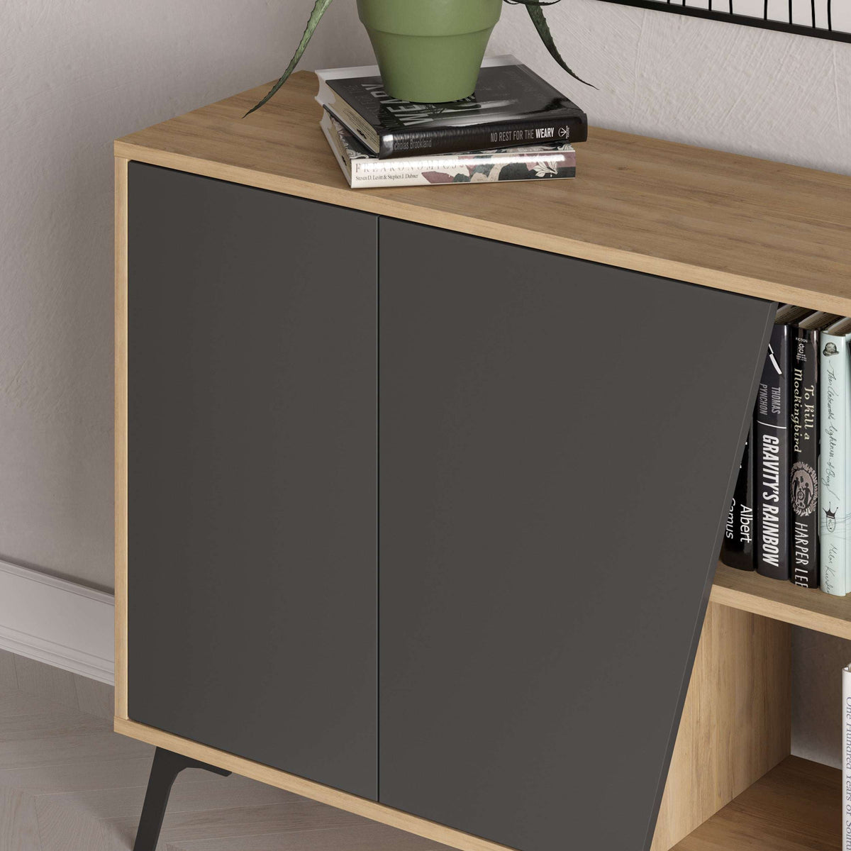 Modern console sideboard in dark grey with oak top and side panels