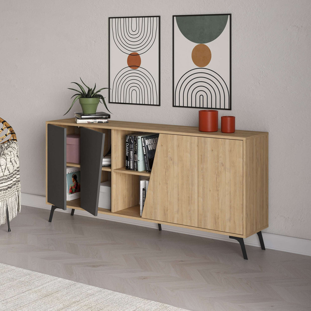 Oak and charcoal console sideboard with open compartments and two hinged doors