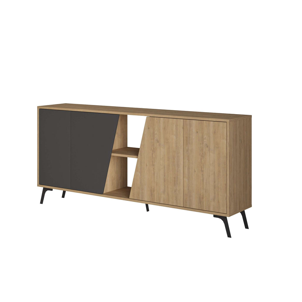 Oak and grey console sideboard with open shelf and two hinged cabinet doors