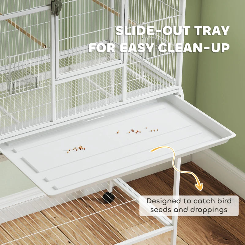 White bird cage with slide-out cleaning tray and removable bottom base