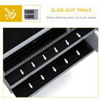 Grey rabbit hutch showing slide-out trays beneath wire compartments