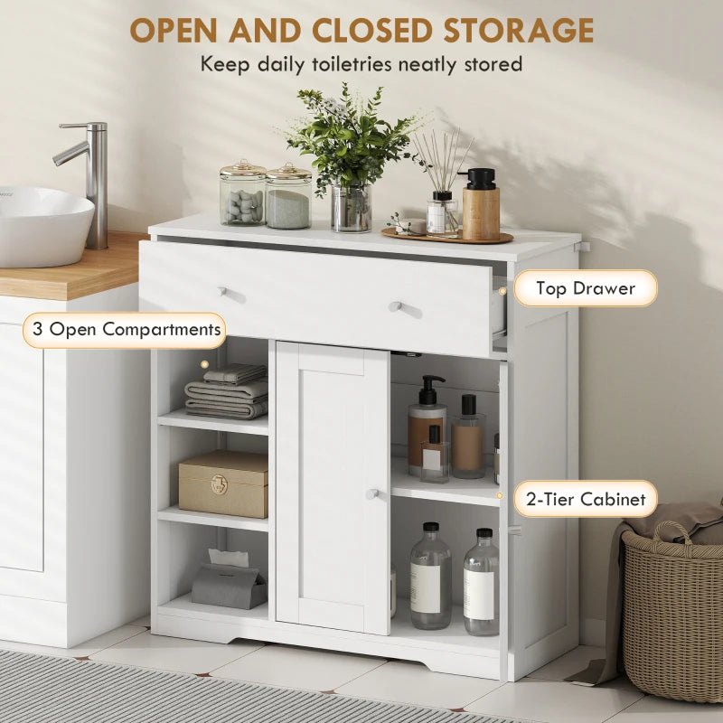 White bathroom storage cabinet with open compartments, top drawer, and cabinet doors