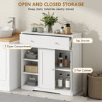 White bathroom storage cabinet with open compartments, top drawer, and cabinet doors