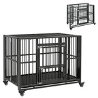 Black heavy-duty foldable dog crate with front door and caster wheels, metal bar panels