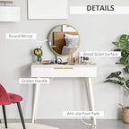 White dressing table with round mirror, gold handle, wood-grain surface and anti-slip pads