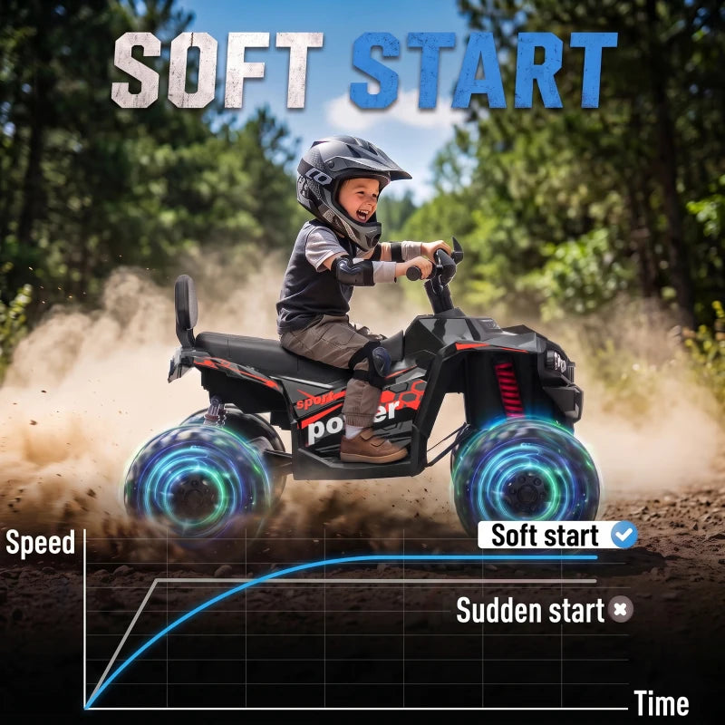 Kids electric 2-seat quad bike in black, rider on seat with glowing wheel lights
