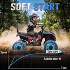 Kids electric 2-seat quad bike in black, rider on seat with glowing wheel lights