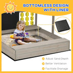 Grey wooden sandbox with liner, adjustable sand depth features, and child playing